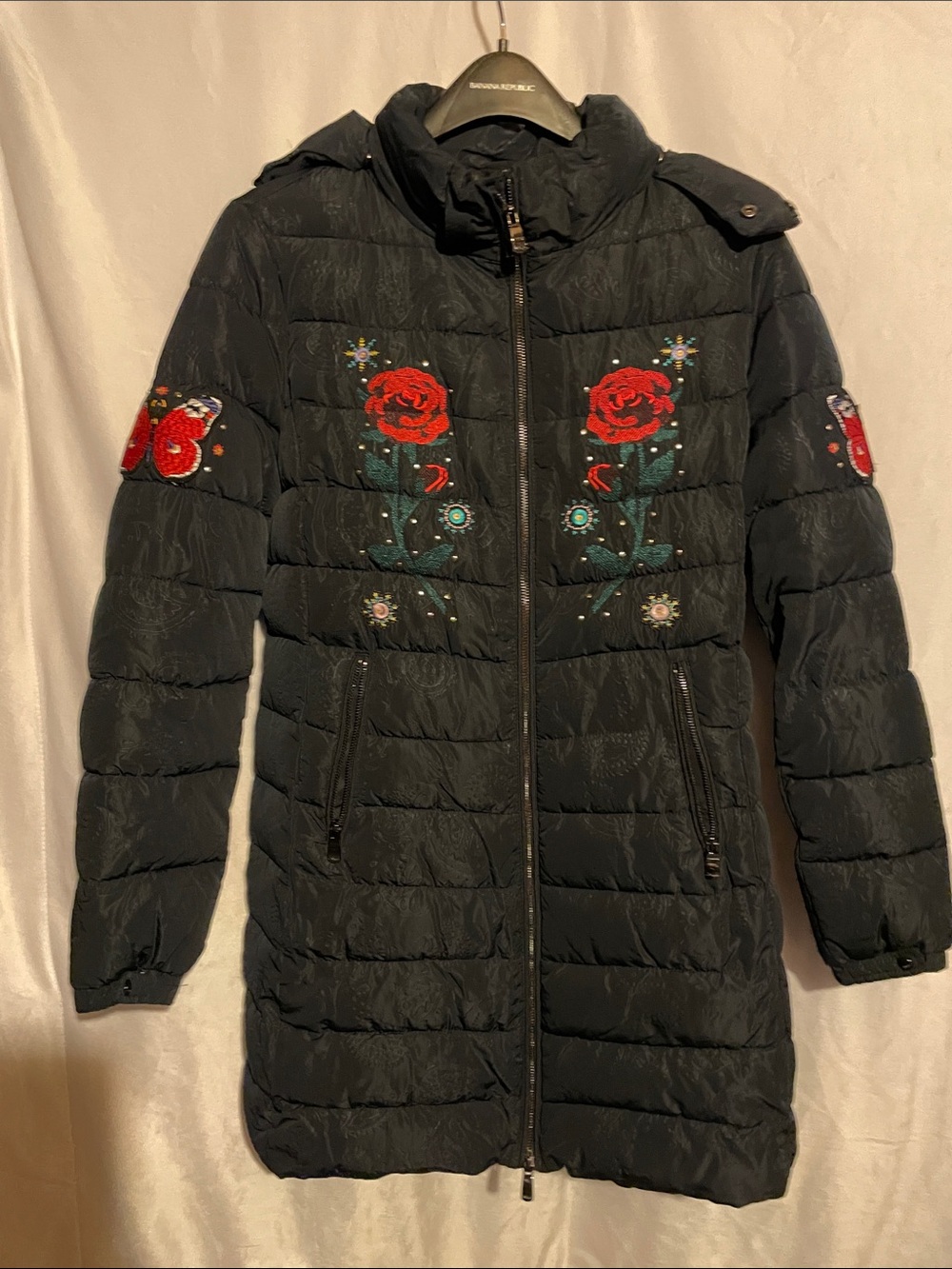 Desigual Navy Puffer Coat with Butterfly and Red Rose Embroidery NWOT 44